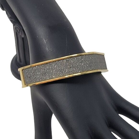 Gunmetal Silver Sparkle Gold Trim Square Clamper Bangle Bracelet Glam Costume - Picture 1 of 11